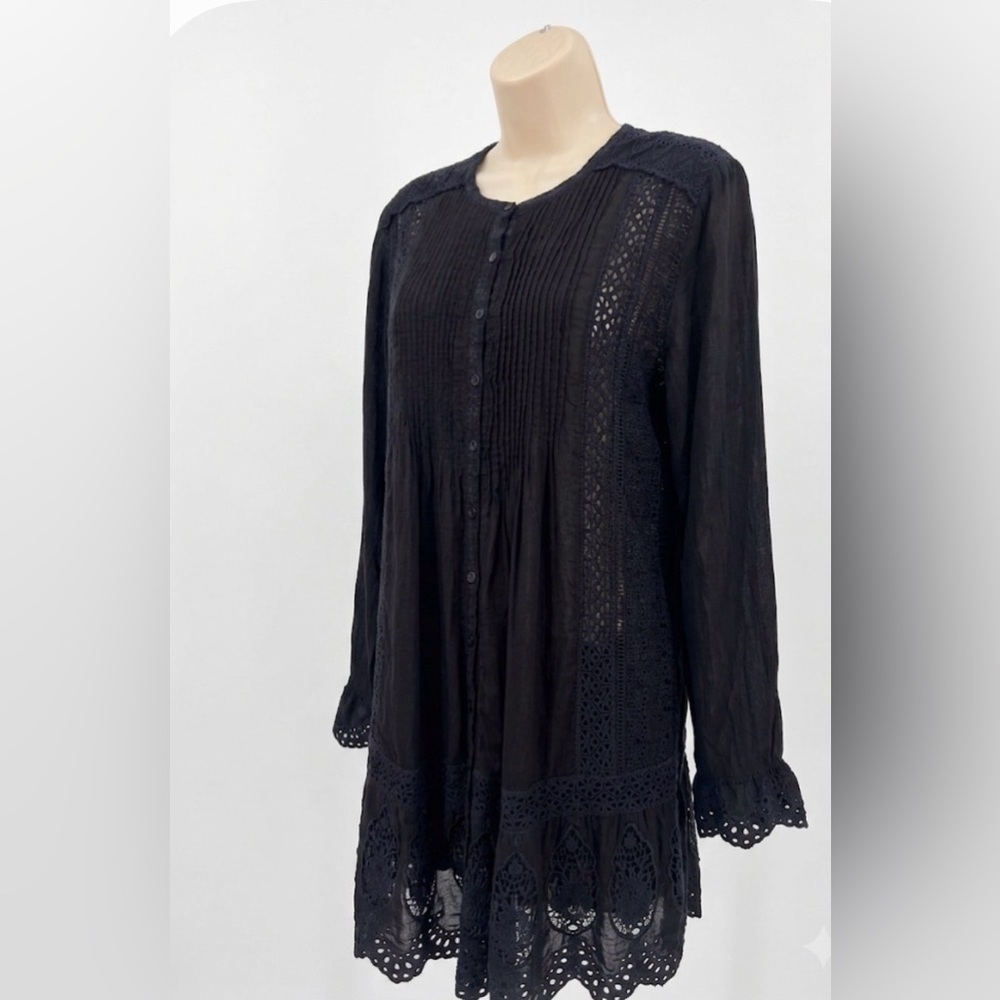 Johnny Was Boho Black Navy Eyelet Lace Tunic - Mini Dress - Med - EUC